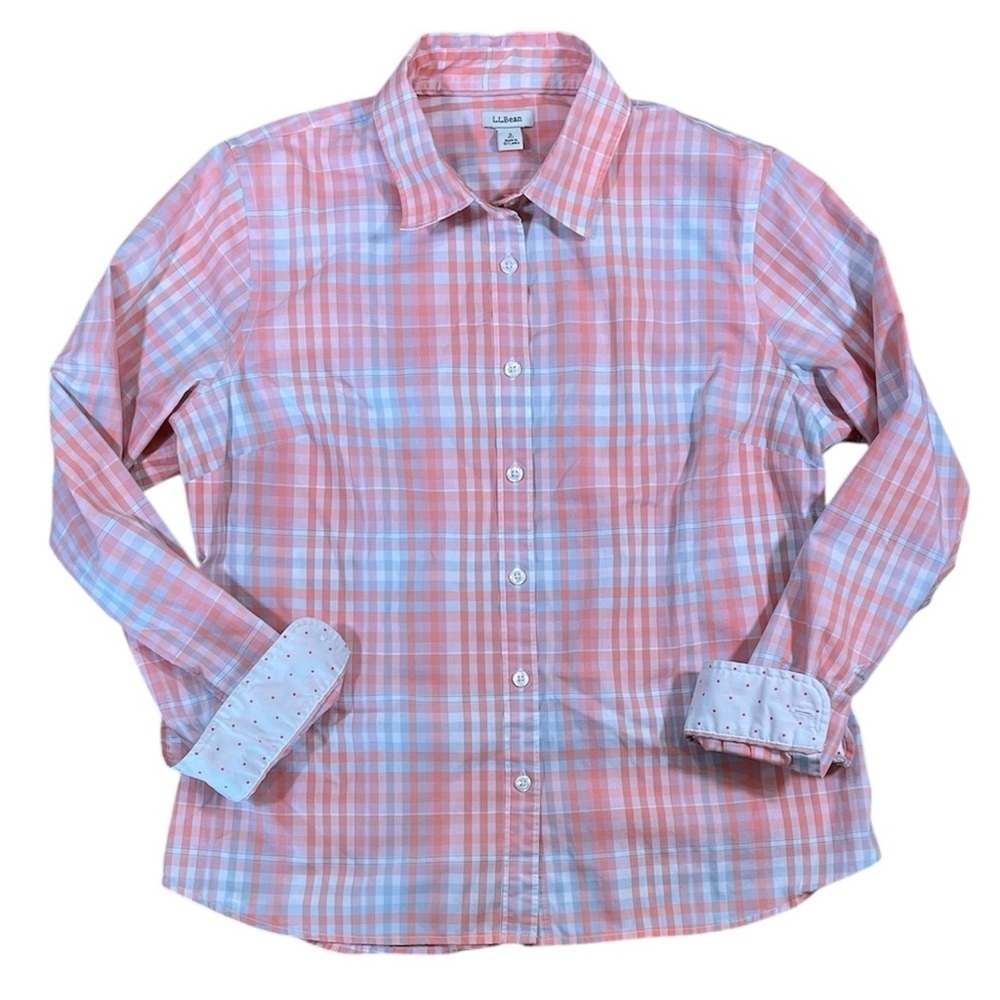 L.L. Bean Plaid Polka Dot Button Down Shirt Top Women's Small S Petite Cotton